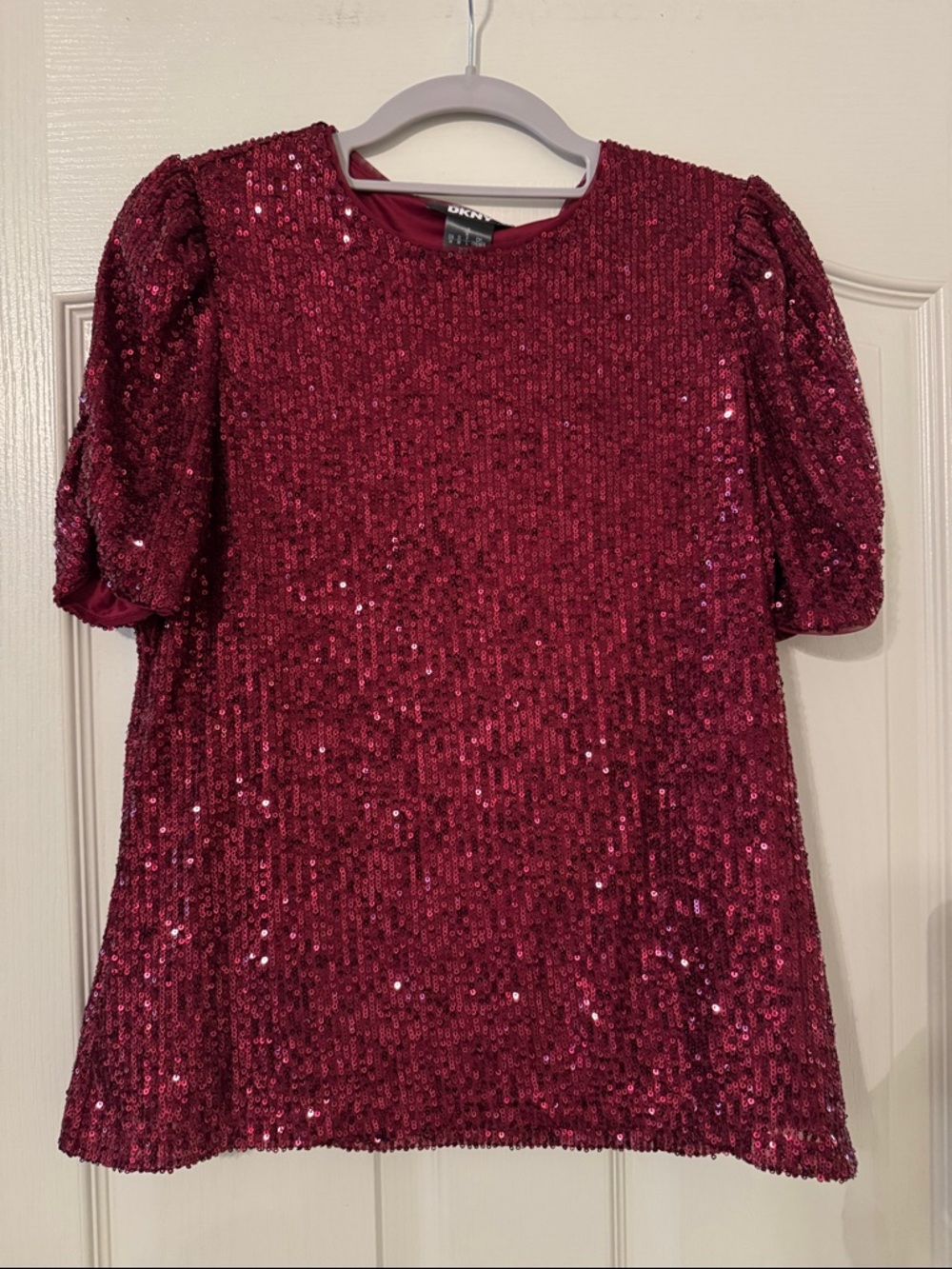 DKNY Burgundy Sequin Puff-Sleeve Top